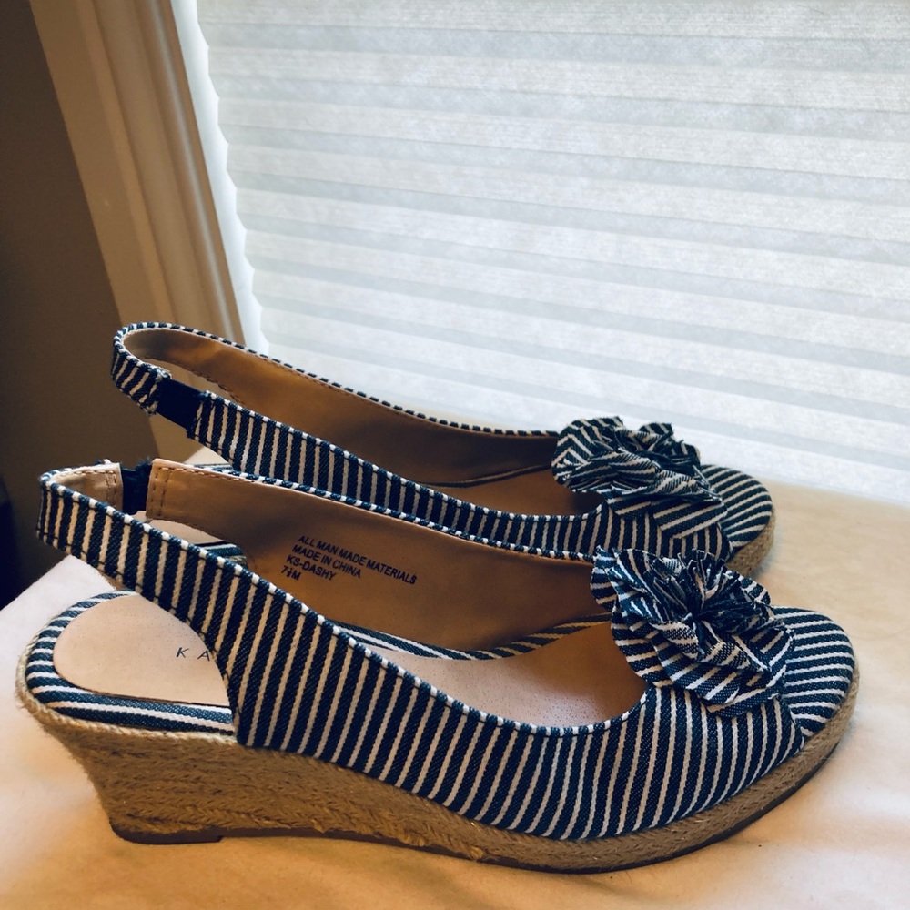 Blue and White Striped Wedge Shoes with Bow Detail